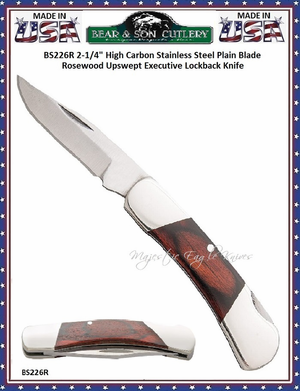 Bear & Son BS226R 2-1/4" High Carbon Stainless Steel Plain Blade Rosewood Up-swept Executive Lock-back Knife  