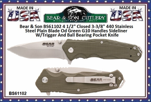 Bear & Son BS61102 4 1/2" Closed 3-3/8" 440 Stainless Steel Plain Blade Od Green G10 Handles Sideliner W/Trigger And Ball Bearing Pocket Knife