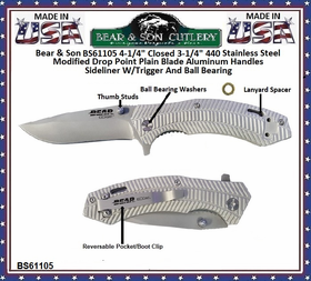 Bear & Son BS61105 4-1/4" Closed 3-1/4" W/Trigger And Ball Bearing Tanto Plain Blade  Sideliner Bead Finish Aluminum Handles Pocket Knife