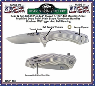 Bear & Son BS61105 4-1/4" Closed 3-1/4" W/Trigger And Ball Bearing Tanto Plain Blade  Sideliner Bead Finish Aluminum Handles Pocket Knife
