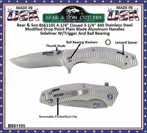 Bear & Son BS61105 4-1/4" Closed 3-1/4" W/Trigger And Ball Bearing Tanto Plain Blade  Sideliner Bead Finish Aluminum Handles Pocket Knife