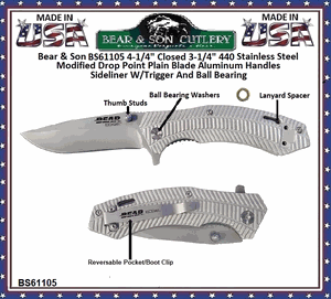 Bear & Son BS61105 4-1/4" Closed 3-1/4" W/Trigger And Ball Bearing Tanto Plain Blade  Sideliner Bead Finish Aluminum Handles Pocket Knife