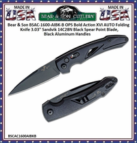 Bear & Son BSAC-1600-AIBK-B Bear OPS Bold Action XVI AUTO Folding Knife 3.03" Sandvik 14C28N Black Spear Point Blade, Black Aluminum Handles Bear & Son BSAC-1600-AIBK-B Bear OPS Bold Action XVI AUTO Folding Knife 3.03" Sandvik 14C28N Black Spear Point Blade, Black Aluminum Handles