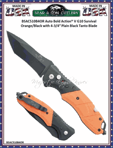 Bear & Son Cutlery AC-510-B4-OR Auto Bold Action� V G10 Survival Orange/Black with 4-3/4″ Plain Black Tanto Blade 