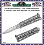 Bear & Son Cutlery BC113 Silver Vein Butterfly Knife, 3", Plain Edge Blade, Satin, 440 Steel, Zinc Silver Handle