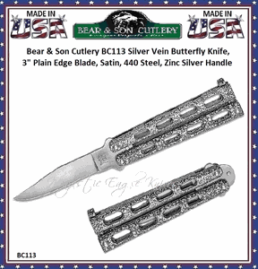 Bear & Son Cutlery BC113 Silver Vein Butterfly Knife, 3", Plain Edge Blade, Satin, 440 Steel, Zinc Silver Handle