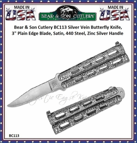 Bear & Son Cutlery BC113 Silver Vein Butterfly Knife, 3", Plain Edge Blade, Satin, 440 Steel, Zinc Silver Handle
