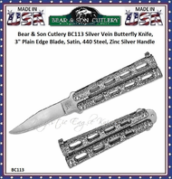 Bear & Son Cutlery BC113 Silver Vein Butterfly Knife, 3", Plain Edge Blade, Satin, 440 Steel, Zinc Silver Handle