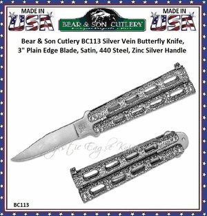 Bear & Son Cutlery BC113 Silver Vein Butterfly Knife, 3", Plain Edge Blade, Satin, 440 Steel, Zinc Silver Handle Bear & Son Cutlery BC113 Silver Vein Butterfly Knife, 3", Plain Edge Blade, Satin, 440 Steel, Zinc Silver Handle