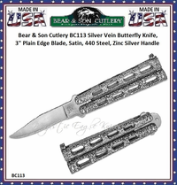Bear & Son Cutlery BC113 Silver Vein Butterfly Knife, 3", Plain Edge Blade, Satin, 440 Steel, Zinc Silver Handle Bear & Son Cutlery BC113 Silver Vein Butterfly Knife, 3", Plain Edge Blade, Satin, 440 Steel, Zinc Silver Handle