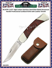 Bear & Son Cutlery BC297R 3 3/4" High Carbon Stainless Steel Plain Blade Rosewood Handle Professional Lockback Knife with Leather Sheath Bear & Son Cutlery BC297R 3 3/4" High Carbon Stainless Steel Plain Blade Rosewood Handle Professional Lockback Knife with Leather Sheath