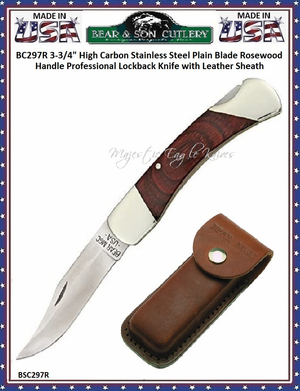 Bear & Son Cutlery BC297R 3 3/4" High Carbon Stainless Steel Plain Blade Rosewood Handle Professional Lockback Knife with Leather Sheath  
