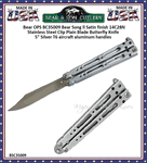 Bear & Son Cutlery BC35009 Bear Song ll Satin finish 14C28N Stainless Steel Clip Plain Blade Butterfly Knife 5" Silver T6 aircraft aluminum handles