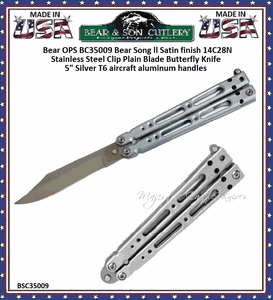 Bear & Son Cutlery BC35009 Bear Song ll Satin finish 14C28N Stainless Steel Clip Plain Blade Butterfly Knife 5" Silver T6 aircraft aluminum handles