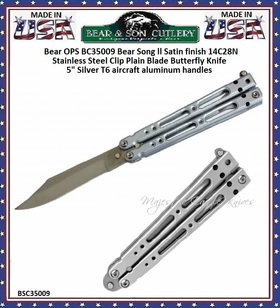 Bear & Son Cutlery BC35009 Bear Song ll Satin finish 14C28N Stainless Steel Clip Plain Blade Butterfly Knife 5" Silver T6 aircraft aluminum handles