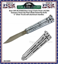 Bear & Son Cutlery BC35009 Bear Song ll Satin finish 14C28N Stainless Steel Clip Plain Blade Butterfly Knife 5" Silver T6 aircraft aluminum handles