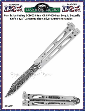 Bear & Son Cutlery BC36003 Bear OPS IV 400 Bear Song IV Butterfly Knife 3-3/8" Damascus Blade, Silver Aluminum Handles 