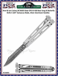 Bear & Son Cutlery BC36003 Bear OPS IV 400 Bear Song IV Butterfly Knife 3-3/8" Damascus Blade, Silver Aluminum Handles 