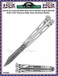 Bear & Son Cutlery BC36003 Bear OPS IV 400 Bear Song IV Butterfly Knife 3-3/8" Damascus Blade, Silver Aluminum Handles Bear & Son Cutlery BC36003 Bear OPS IV 400 Bear Song IV Butterfly Knife 3-3/8" Damascus Blade, Silver Aluminum Handles