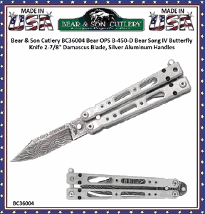 Bear & Son Cutlery BC36004 Bear OPS B-450-D Bear Song IV Butterfly Knife 2-7/8" Damascus Blade, Silver Aluminum Handles 