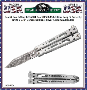 Bear & Son Cutlery BC36004 Bear OPS B-450-D Bear Song IV Butterfly Knife 2-7/8" Damascus Blade, Silver Aluminum Handles 