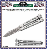 Bear & Son Cutlery BC36004 Bear OPS B-450-D Bear Song IV Butterfly Knife 2-7/8" Damascus Blade, Silver Aluminum Handles 