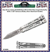 Bear & Son Cutlery BC36004 Bear OPS B-450-D Bear Song IV Butterfly Knife 2-7/8" Damascus Blade, Silver Aluminum Handles Bear & Son Cutlery BC36004 Bear OPS B-450-D Bear Song IV Butterfly Knife 2-7/8" Damascus Blade, Silver Aluminum Handles