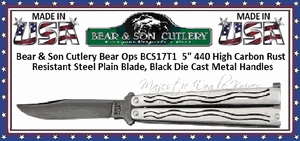 Bear & Son Cutlery BCS17T1 Bear Ops 5" 440 High Carbon Rust Resistant Steel Plain Blade, Black Die Cast Metal Handles  