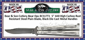 Bear & Son Cutlery BCS17T1 Bear Ops 5" 440 High Carbon Rust Resistant Steel Plain Blade, Black Die Cast Metal Handles Bear & Son Cutlery BCS17T1 Bear Ops 5" 440 High Carbon Rust Resistant Steel Plain Blade, Black Die Cast Metal Handles