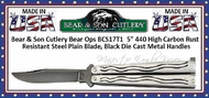 Bear & Son Cutlery BCS17T1 Bear Ops 5" 440 High Carbon Rust Resistant Steel Plain Blade, Black Die Cast Metal Handles  