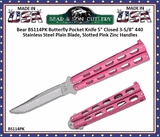 Bear & Son Cutlery Bear BS114PK Butterfly Knife 5" Closed 3-5/8" Plain Blade, Pink Zinc Handles