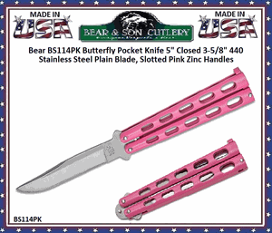 Bear & Son Cutlery Bear BS114PK Butterfly Knife 5" Closed 3-5/8" Plain Blade, Pink Zinc Handles