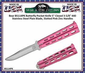 Bear & Son Cutlery Bear BS114PK Butterfly Knife 5" Closed 3-5/8" Plain Blade, Pink Zinc Handles