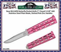 Bear & Son Cutlery Bear BS114PK Butterfly Knife 5" Closed 3-5/8" Plain Blade, Pink Zinc Handles Bear & Son Cutlery Bear BS114PK Butterfly Knife 5" Closed 3-5/8" Plain Blade, Pink Zinc Handles