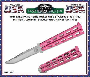 Bear & Son Cutlery Bear BS114PK Butterfly Knife 5" Closed 3-5/8" Plain Blade, Pink Zinc Handles