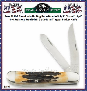 Bear & Son Cutlery Bear BS507 Genuine India Stag Bone Mini Trapper Pocket Knife 3-1/2" Closed Master Blade Length 2-3/4" High Carbon Stainless Steel