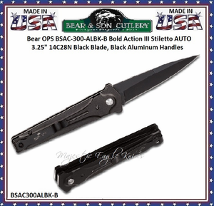 Bear & Son Cutlery Bear OPS BSAC-300-ALBK-B Bold Action III Stiletto AUTO 3.25" 14C28N Black Blade, Black Aluminum Handles Bear & Son Cutlery Bear OPS BSAC-300-ALBK-B Bold Action III Stiletto AUTO 3.25" 14C28N Black Blade, Black Aluminum Handles