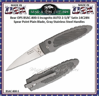 Bear & Son Cutlery Bear OPS BSAC-800-S Incognito AUTO 2.625" Satin 14C28N Spear Point Plain Blade, Gray Stainless Steel Handles Bear & Son Cutlery Bear OPS BSAC-800-S Incognito AUTO 2.625" Satin 14C28N Spear Point Plain Blade, Gray Stainless Steel Handles