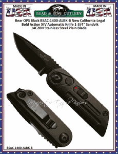 Bear & Son Cutlery Bear OPS Announces The Black BSAC-1400-ALBK-B New California-Legal Bold Action XIV Automatic Knife 1-3/4" Sandvik 14C28N Stainless Steel Plain Blade 4-1/4" Overall