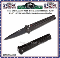 Bear & Son Cutlery Bear OPS BSAC-350-ALBK-B Bold Action III Stiletto AUTO 3.5" 14C28N Satin Blade, Black Aluminum Handles Bear & Son Cutlery Bear OPS BSAC-350-ALBK-B Bold Action III Stiletto AUTO 3.5" 14C28N Satin Blade, Black Aluminum Handles