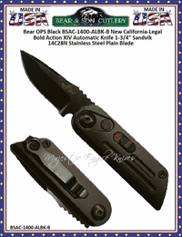 Bear & Son Cutlery Bear OPS Announces The Black BSAC-1400-ALBK-B New California-Legal Bold Action XIV Automatic Knife 1-3/4" Sandvik 14C28N Stainless Steel Plain Blade 4-1/4" Overall Bear & Son Cutlery Bear OPS Announces The Black BSAC-1400-ALBK-B New California-Legal Bold Action XIV Automatic Knife 1-3/4" Sandvik 14C28N Stainless Steel Plain Blade 4-1/4" Overall