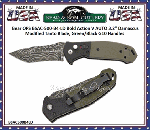 Bear & Son Cutlery Bear OPS BSAC-500-B4-LD Bold Action V AUTO 3.2" Damascus Modified Tanto Blade, Green/Black G10 Handles