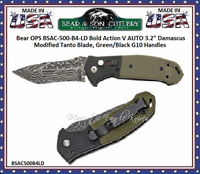 Bear & Son Cutlery Bear OPS BSAC-500-B4-LD Bold Action V AUTO 3.2" Damascus Modified Tanto Blade, Green/Black G10 Handles Bear & Son Cutlery Bear OPS BSAC-500-B4-LD Bold Action V AUTO 3.2" Damascus Modified Tanto Blade, Green/Black G10 Handles