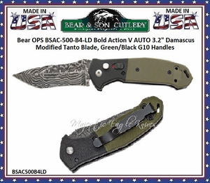 Bear & Son Cutlery Bear OPS BSAC-500-B4-LD Bold Action V AUTO 3.2" Damascus Modified Tanto Blade, Green/Black G10 Handles Bear & Son Cutlery Bear OPS BSAC-500-B4-LD Bold Action V AUTO 3.2" Damascus Modified Tanto Blade, Green/Black G10 Handles
