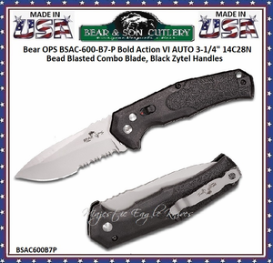 Bear & Son Cutlery Bear OPS BSAC-600-B7-P Bold Action VI AUTO 3.125" 14C28N Bead Blasted Combo Blade, Black Zytel Handles Bear & Son Cutlery Bear OPS BSAC-600-B7-P Bold Action VI AUTO 3.125" 14C28N Bead Blasted Combo Blade, Black Zytel Handles