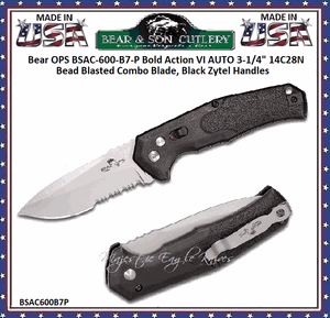 Bear & Son Cutlery Bear OPS BSAC-600-B7-P Bold Action VI AUTO 3.125" 14C28N Bead Blasted Combo Blade, Black Zytel Handles
