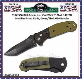 Bear & Son Cutlery Bear OPS BSAC-500-B4-B Bold Action V AUTO 3.2" Black 14C28N Modified Tanto Blade, Green/Black G10 Handles Bear & Son Cutlery Bear OPS BSAC-500-B4-B Bold Action V AUTO 3.2" Black 14C28N Modified Tanto Blade, Green/Black G10 Handles