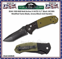 Bear & Son Cutlery Bear OPS BSAC-500-B4-B Bold Action V AUTO 3.2" Black 14C28N Modified Tanto Blade, Green/Black G10 Handles Bear & Son Cutlery Bear OPS BSAC-500-B4-B Bold Action V AUTO 3.2" Black 14C28N Modified Tanto Blade, Green/Black G10 Handles