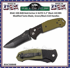 Bear & Son Cutlery Bear OPS BSAC-500-B4-B Bold Action V AUTO 3.2" Black 14C28N Modified Tanto Blade, Green/Black G10 Handles Bear & Son Cutlery Bear OPS BSAC-500-B4-B Bold Action V AUTO 3.2" Black 14C28N Modified Tanto Blade, Green/Black G10 Handles