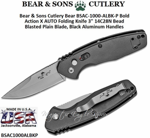Bear & Son Cutlery Bear OPS BSAC-1000-ALBK-P Bold Action X AUTO Folding Knife 3" 14C28N Bead Blasted Plain Blade, Black Aluminum Handles Bear & Son Cutlery Bear OPS BSAC-1000-ALBK-P Bold Action X AUTO Folding Knife 3" 14C28N Bead Blasted Plain Blade, Black Aluminum Handles